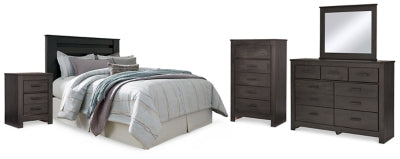 Cabecero Brinxton King con paneles, tocador, espejo, cómoda y dos mesitas de noche