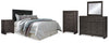 Cabecero Brinxton King con paneles, tocador, espejo, cómoda y dos mesitas de noche