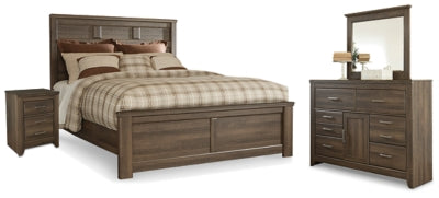 Cama Queen Juararo con paneles, tocador, espejo y mesita de noche