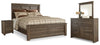 Cama Queen Juararo con paneles, tocador, espejo y mesita de noche