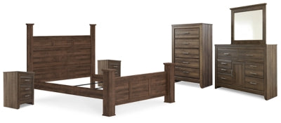 Cama con dosel California King de Juararo, cómoda, espejo, cómoda y dos mesitas de noche