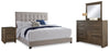 Cama Queen tapizada Dolante, tocador, espejo y mesita de noche