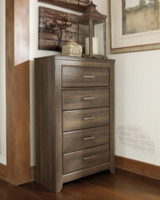 Juararo California King Panel Bed, Dresser, Mirror, Chest and Nightstand