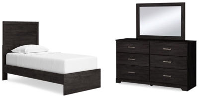 Cama doble con paneles, cómoda y espejo Belachime