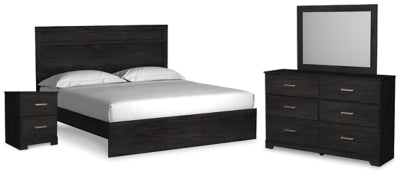 Cama King Belachime con paneles, tocador, espejo y mesita de noche