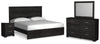 Cama King Belachime con paneles, tocador, espejo y mesita de noche