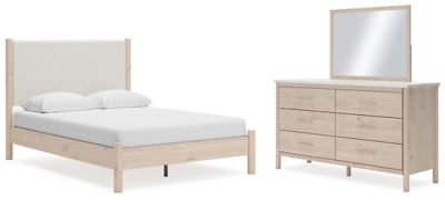 Cama Queen Cadmori con paneles tapizados, tocador y espejo