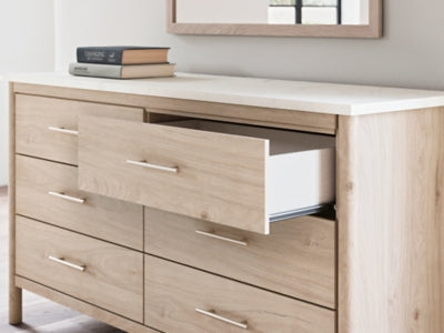 Cadmori King Upholstered Panel Bed, Dresser, Mirror and Nightstand