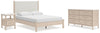 Cama Queen Cadmori con paneles tapizados, cómoda y mesita de noche