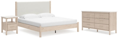 Cama Cadmori King con paneles tapizados, cómoda y mesita de noche
