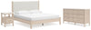 Cama Cadmori King con paneles tapizados, cómoda y mesita de noche