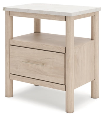 Cadmori King Upholstered Panel Bed, Dresser, Mirror and Nightstand