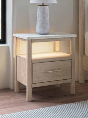 Cadmori King Upholstered Panel Bed, Dresser, Mirror and Nightstand