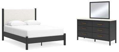 Cama Queen Cadmori con paneles tapizados, tocador y espejo