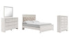 Cama Queen Altyra con paneles tapizados, tocador, espejo y cómoda