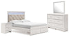 Cama Queen Altyra con almacenamiento, tocador con espejo y mesita de noche