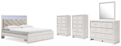 Cama King Altyra con almacenaje, tocador, espejo y dos arcones
