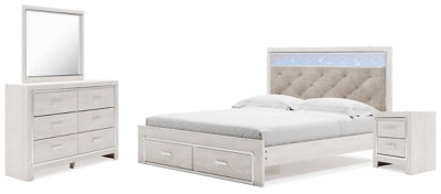 Cama King Altyra con almacenamiento, tocador, espejo y mesita de noche con paneles tapizados
