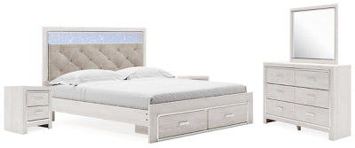 Cama King Altyra con almacenaje tapizado, tocador, espejo y dos mesitas de noche