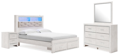 Cama Queen Altyra con almacenamiento, tocador, espejo y mesita de noche