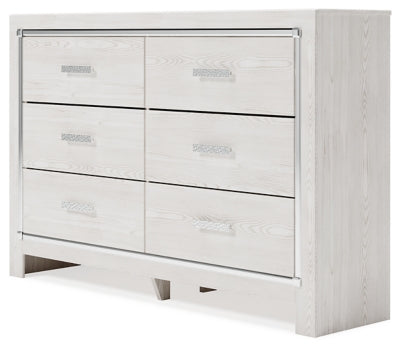 Cama Altyra con paneles tapizados, cómoda y mesita de noche