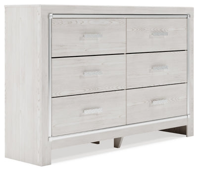 Cama Altyra con paneles tapizados, cómoda y mesita de noche