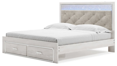 Cama King Altyra con almacenaje tapizado, tocador, espejo y dos mesitas de noche