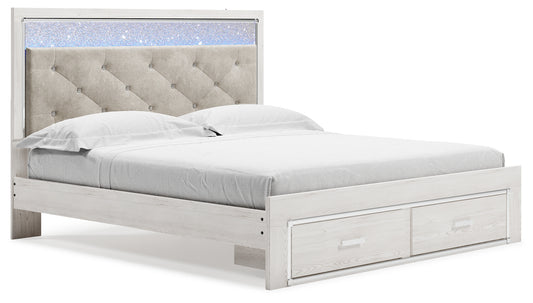 Cama King Altyra con almacenaje tapizado, tocador, espejo y dos mesitas de noche