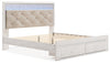 Cama King Altyra con almacenamiento, tocador, espejo y mesita de noche con paneles tapizados