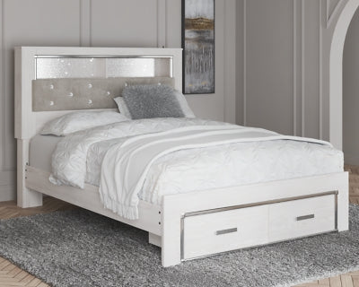 Cama Queen Altyra con librería tapizada y espacio de almacenamiento