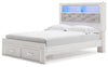 Cama Queen Altyra con librería tapizada y espacio de almacenamiento