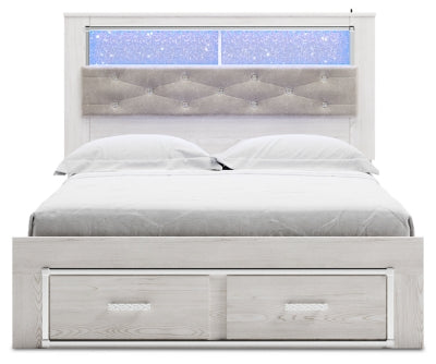 Cama Queen Altyra con librería tapizada y espacio de almacenamiento