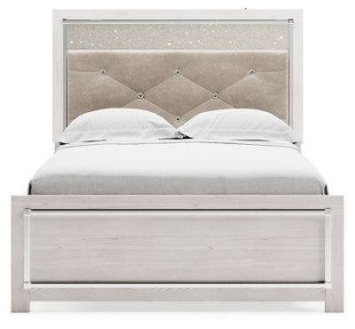 Cama Altyra con paneles tapizados, cómoda y mesita de noche