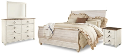 Cama tipo trineo Willowton King, tocador, espejo y mesita de noche