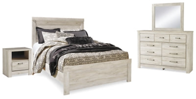 Cama Queen Bellaby con paneles, tocador, espejo y mesita de noche