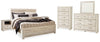 Cama Bellaby King con paneles, tocador, espejo, cómoda y dos mesitas de noche