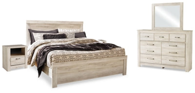 Cama Bellaby King con paneles, tocador, espejo y dos mesitas de noche