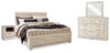 Cama Bellaby King con paneles, tocador, espejo y dos mesitas de noche