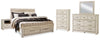 Cama Bellaby King con almacenaje, tocador, espejo, cómoda y dos mesitas de noche