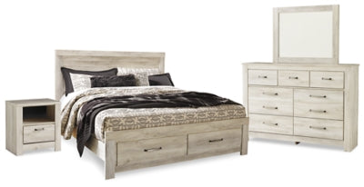 Cama Bellaby King con almacenamiento, tocador, espejo y mesita de noche