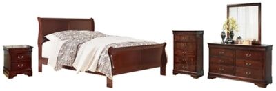 Cama Queen tipo trineo Alisdair, tocador, espejo, cómoda y mesita de noche