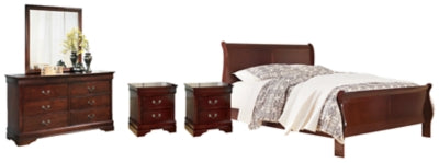 Cama Queen tipo trineo Alisdair, tocador, espejo, cómoda y dos mesitas de noche