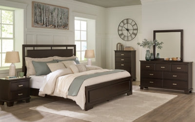 Cama Queen con paneles, tocador, espejo y mesita de noche Covetown