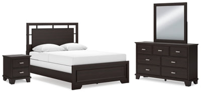 Cama Queen con paneles, tocador, espejo y mesita de noche Covetown