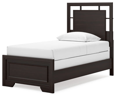 Cama individual con paneles, cómoda y espejo Covetown