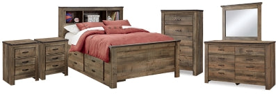 Estantería Trinell con espacio de almacenamiento, cama, tocador, espejo, cómoda y dos mesitas de noche