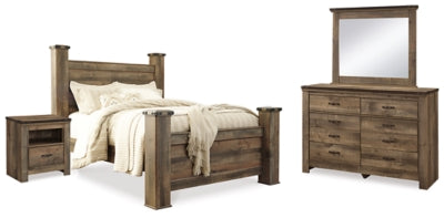 Cama con dosel Trinell Queen, cómoda, espejo y mesita de noche