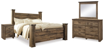Cama con dosel Trinell King, cómoda, espejo y mesita de noche
