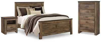 Cama Queen Trinell con paneles, cómoda y dos mesitas de noche