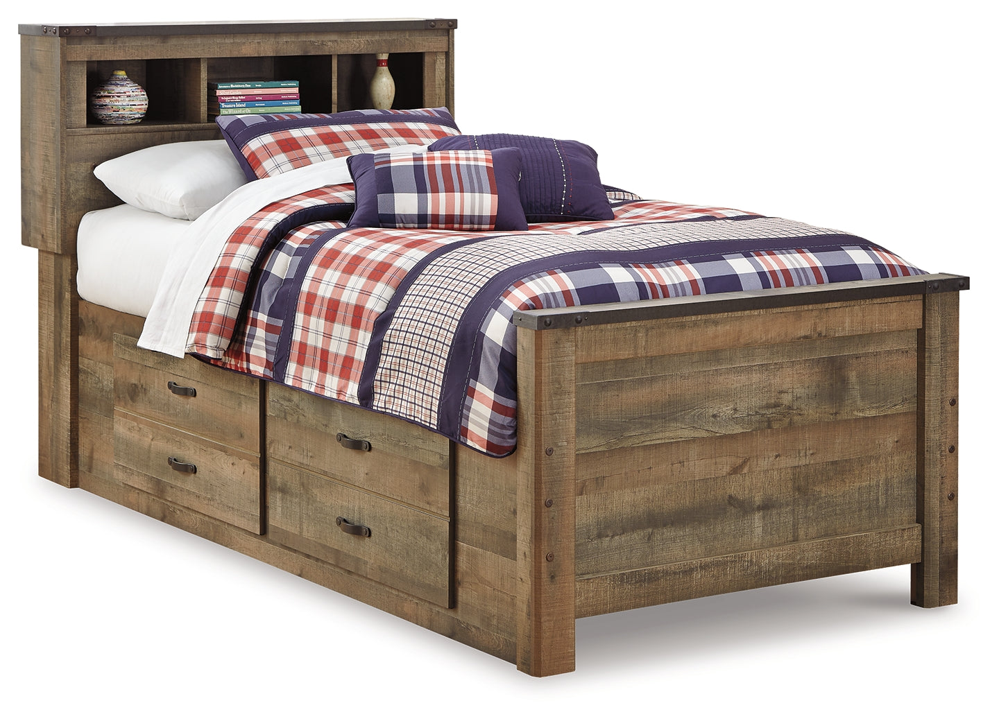 Cama librería individual Trinell con dos cajones de almacenamiento